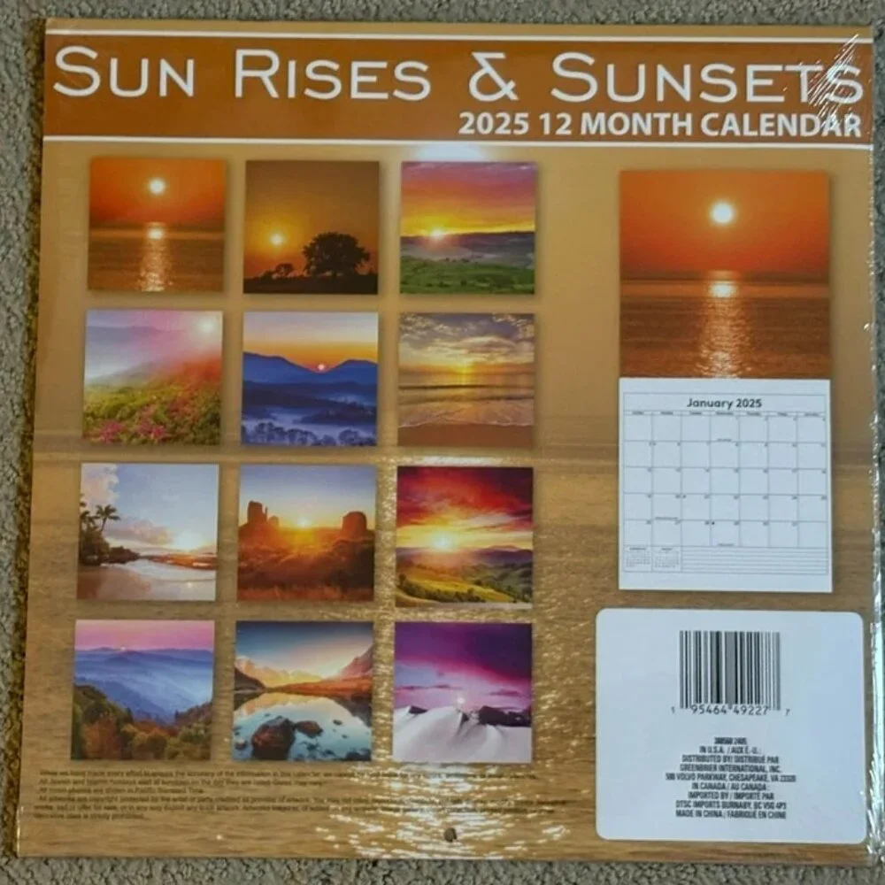 NEW 2025 Sun Rises & Sunsets Wall Calendar Nature Photography Planner Gift